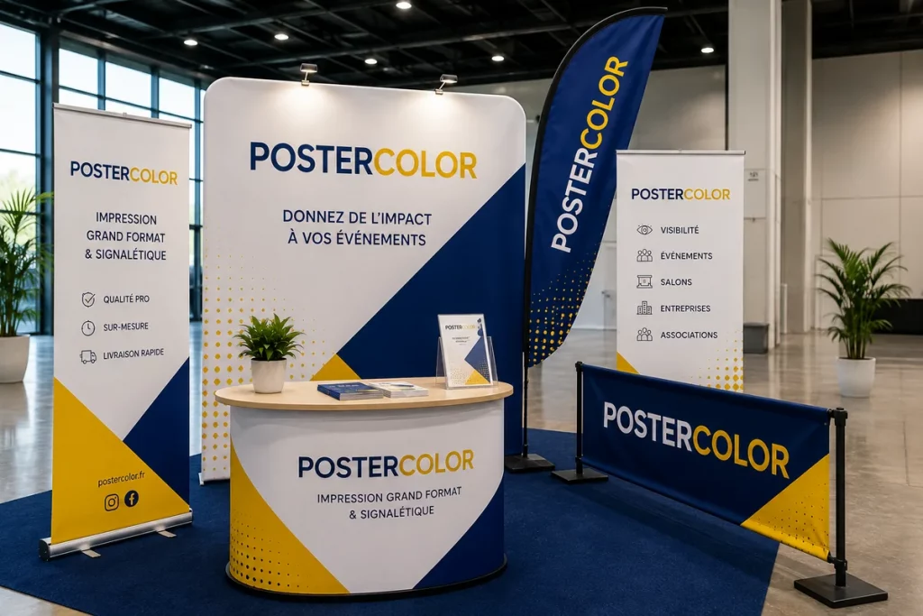 Stand événementiel personnalisé avec roll-up, photocall et signalétique Postercolor